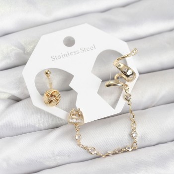 Pirinç Gold Renk Yılan Model Zincir Bağlantılı Ear Cuff Küpe Seti