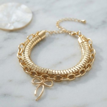 Pirinç Gold Renk Yılan Zincir Model Fiyonk Detaylı Kadın Bileklik Kombini