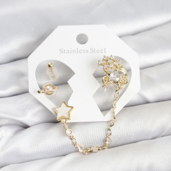 Pirinç Gold Renk Yıldız Model Zincir Bağlantılı Ear Cuff Küpe Seti