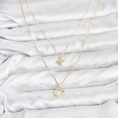 Pirinç Gold Renk Yonca Model 2'li Kadın Kolye