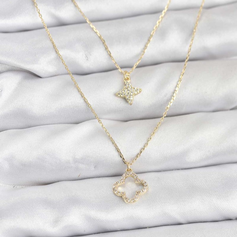 Pirinç Gold Renk Yonca Model 2'li Kadın Kolye