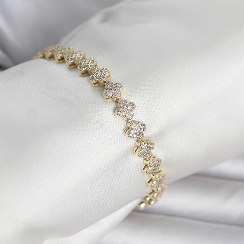 Pirinç Gold Renk Yonca Model Sıralı Zirkon Taşlı Kadın Bileklik