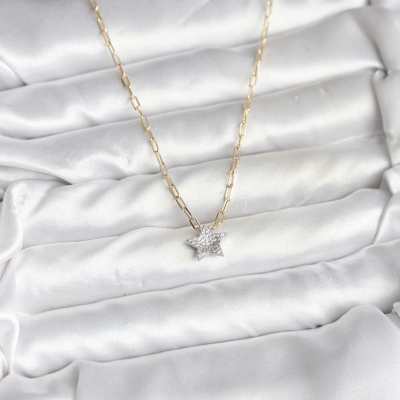 Pirinç Gold Renk Zincirli Zirkon Taşlı Minimal Yıldız Model Kadın Kolye
