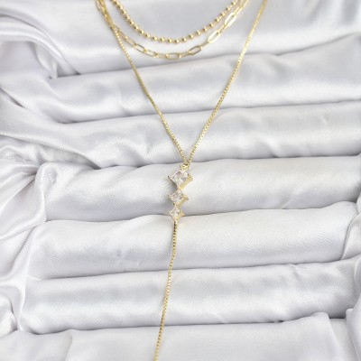 Pirinç Gold Renk Zirkon Taş Detaylı 3'lü Kombin Y Kadın Kolye