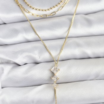 Pirinç Gold Renk Zirkon Taş Detaylı 3'lü Kombin Y Kadın Kolye