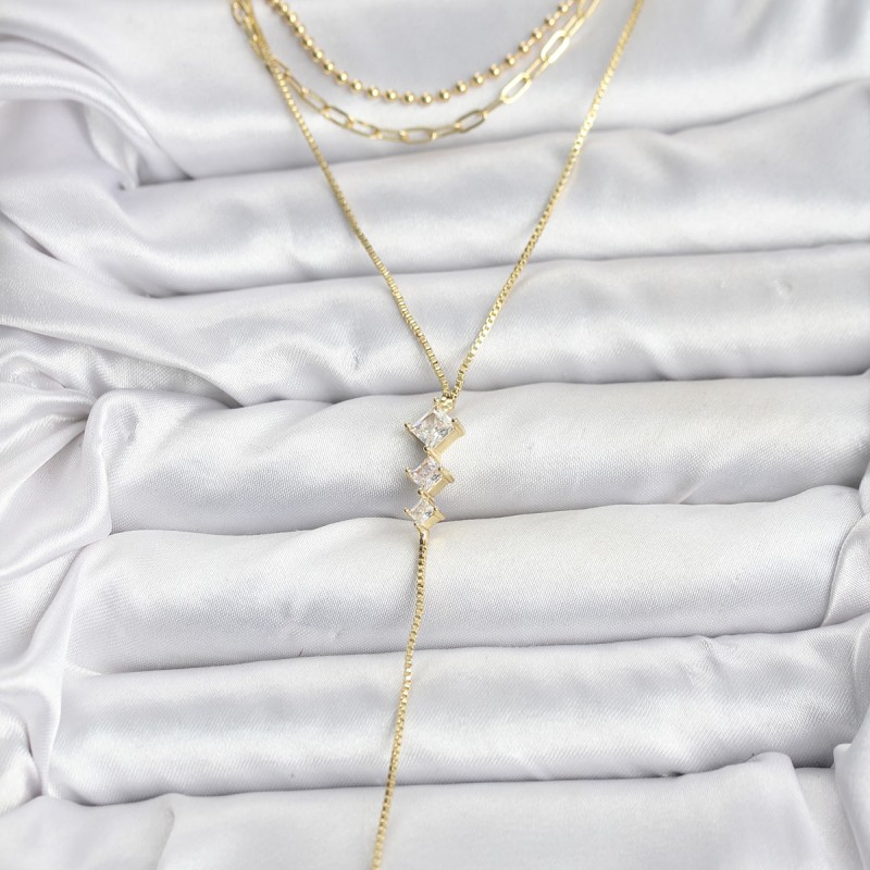 Pirinç Gold Renk Zirkon Taş Detaylı 3'lü Kombin Y Kadın Kolye