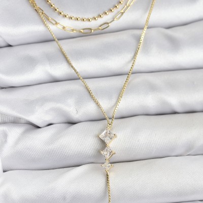 Pirinç Gold Renk Zirkon Taş Detaylı 3'lü Kombin Y Kadın Kolye