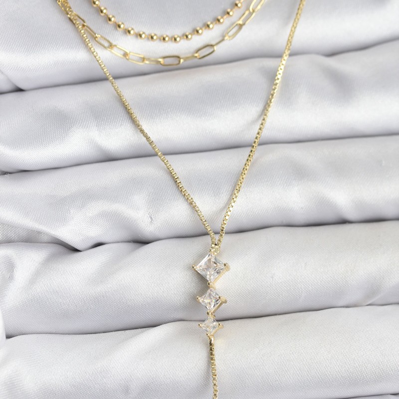 Pirinç Gold Renk Zirkon Taş Detaylı 3'lü Kombin Y Kadın Kolye