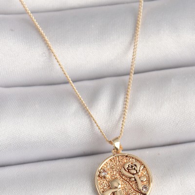 Pirinç Gold Renk Zirkon Taş Detaylı Gül İşleme Madalyon Model Kadın Kolye