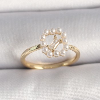 Pirinç Gold Renk Zirkon Taş Detaylı İncili Ayarlanabilir Yüzük