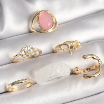 Pirinç Gold Renk Zirkon Taş Detaylı Pembe Mineli 6'Lı Kadın Yüzük Seti