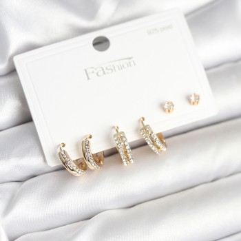 Pirinç Gold Renk Zirkon Taşlı 925 Gümüş Çivili Kadın Küpe Seti