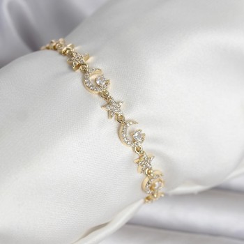 Pirinç Gold Renk Zirkon Taşlı Ay ve Yıldız Model Kadın Bileklik