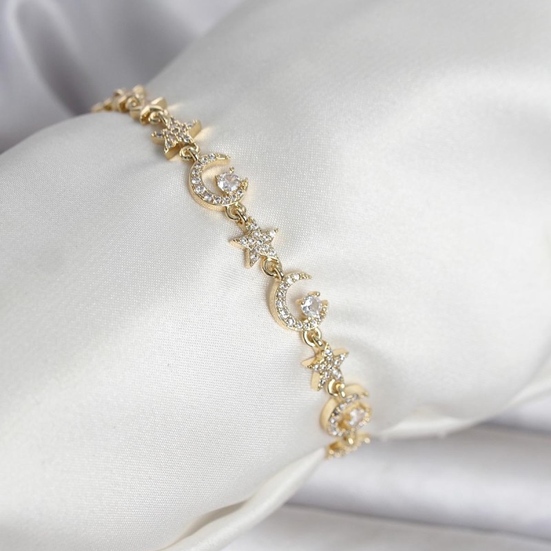 Pirinç Gold Renk Zirkon Taşlı Ay ve Yıldız Model Kadın Bileklik