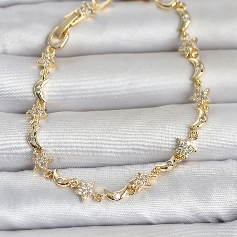 Pirinç Gold Renk Zirkon Taşlı Ay ve Yıldız Model Kadın Bileklik