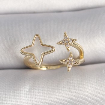 Pirinç Gold Renk Zirkon Taşlı Beyaz Mineli Ayarlanabilir Yüzük