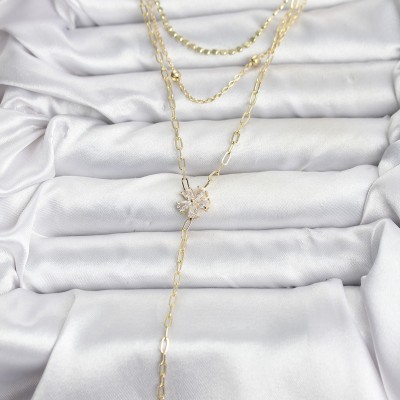 Pirinç Gold Renk Zirkon Taşlı Çiçek Model Detaylı 3'lü Kombin Y Kadın Kolye