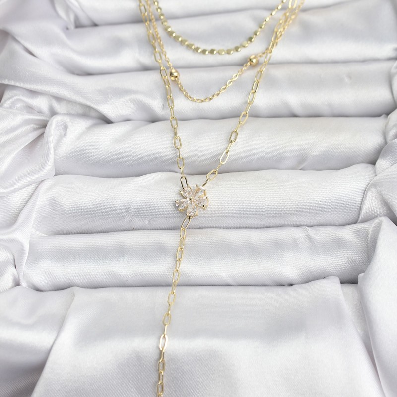 Pirinç Gold Renk Zirkon Taşlı Çiçek Model Detaylı 3'lü Kombin Y Kadın Kolye