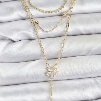 Pirinç Gold Renk Zirkon Taşlı Çiçek Model Detaylı 3'lü Kombin Y Kadın Kolye