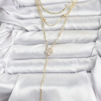 Pirinç Gold Renk Zirkon Taşlı Çiçek Model Detaylı 3'lü Kombin Y Kadın Kolye