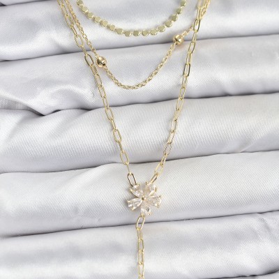 Pirinç Gold Renk Zirkon Taşlı Çiçek Model Detaylı 3'lü Kombin Y Kadın Kolye