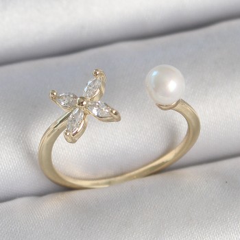 Pirinç Gold Renk Zirkon Taşlı Çiçek Model İnci Detay Ayarlanabilir Kadın Yüzük