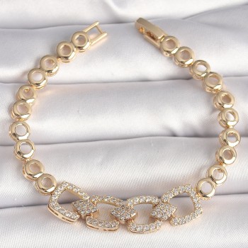 Pirinç Gold Renk Zirkon Taşlı Daire Zincir Model Kadın Bileklik