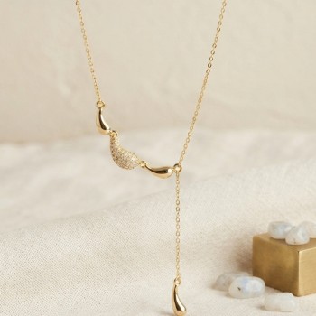 Pirinç Gold Renk Zirkon Taşlı Damla Model Kadın Kolye