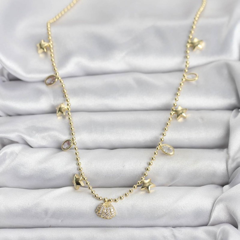 Pirinç Gold Renk Zirkon Taşlı Deniz Kabuğu Model Kadın Kolye