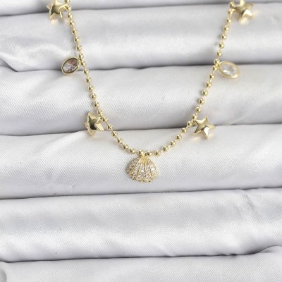 Pirinç Gold Renk Zirkon Taşlı Deniz Kabuğu Model Kadın Kolye