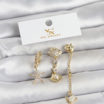 Pirinç Gold Renk Zirkon Taşlı Deniz Temalı 3'lü Kadın Küpe