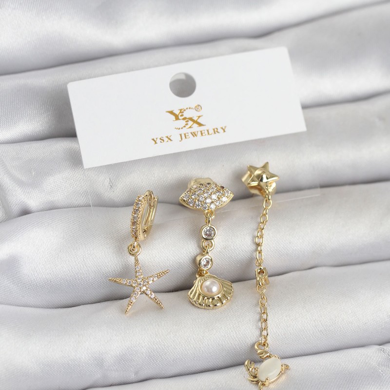 Pirinç Gold Renk Zirkon Taşlı Deniz Temalı 3'lü Kadın Küpe