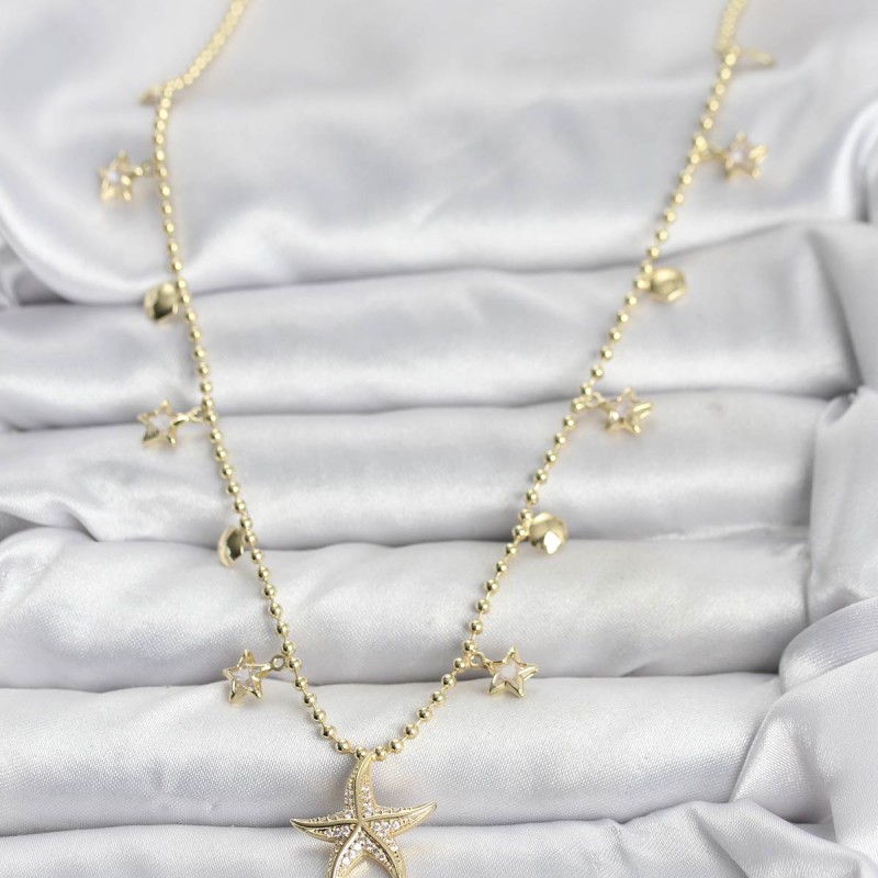 Pirinç Gold Renk Zirkon Taşlı Deniz Yıldızı Model Kadın Kolye