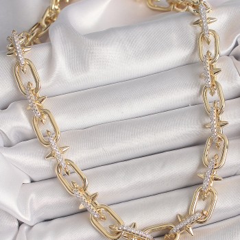 Pirinç Gold Renk Zirkon Taşlı Dikenli Halka Model VIP Exculusive Seri Kadın Kolye