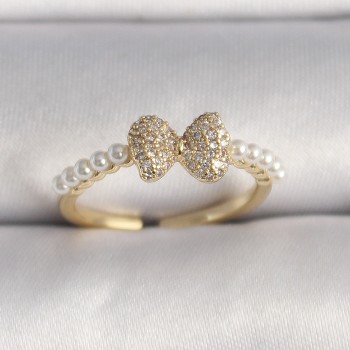 Pirinç Gold Renk Zirkon Taşlı Fiyonk İnci Detay Ayarlanabilir Yüzük