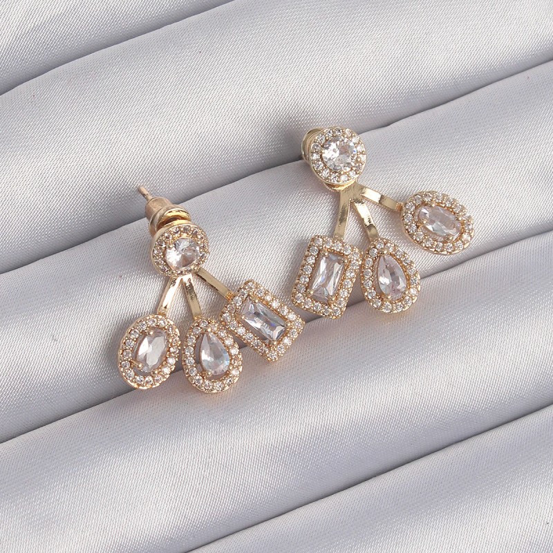 Pirinç Gold Renk Zirkon Taşlı Geometrik Model Küpe