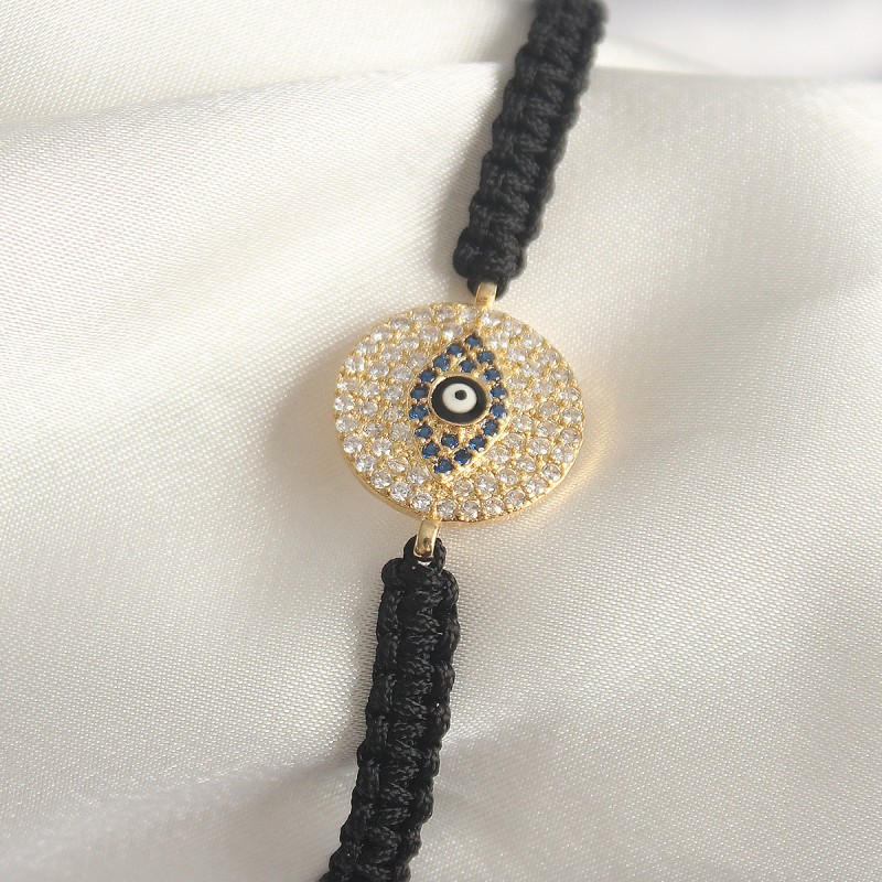 Pirinç Gold Renk Zirkon Taşlı Göz İşlemeli Figür Asansörlü Makrome Model Kadın Bileklik