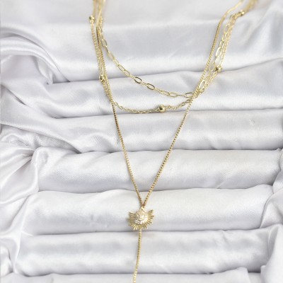 Pirinç Gold Renk Zirkon Taşlı Güneş Model Detaylı 3'lü Kombin Y Kadın Kolye