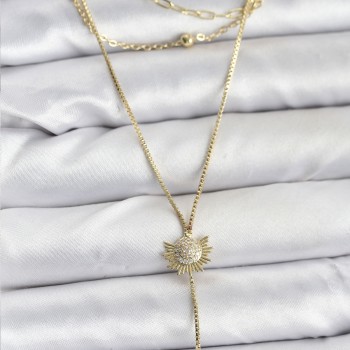 Pirinç Gold Renk Zirkon Taşlı Güneş Model Detaylı 3'lü Kombin Y Kadın Kolye