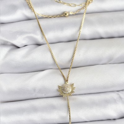 Pirinç Gold Renk Zirkon Taşlı Güneş Model Detaylı 3'lü Kombin Y Kadın Kolye