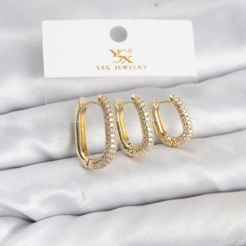 Pirinç Gold Renk Zirkon Taşlı Halka Model YSX Trio Küpe Seti