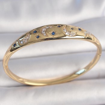 Pirinç Gold Renk Zirkon Taşlı Hilal İşleme Mavi Yıldız Detay Kadın Kelepçe