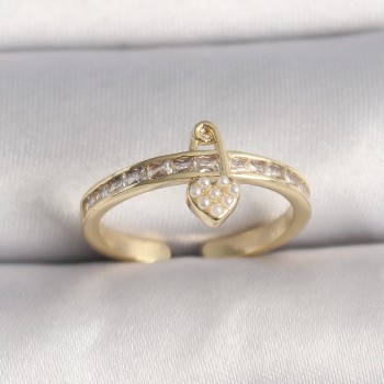Pirinç Gold Renk Zirkon Taşlı İnci Detay Kilit Kalp Figür Ayarlanabilir Yüzük