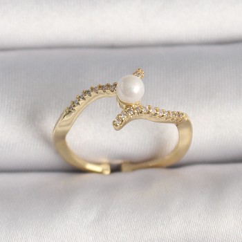 Pirinç Gold Renk Zirkon Taşlı İncili Ayarlanabilir Yüzük