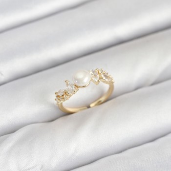 Pirinç Gold Renk Zirkon Taşlı İncili Model Kadın Yüzük