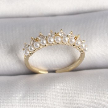 Pirinç Gold Renk Zirkon Taşlı İncili Taç Model Ayarlanabilir Kadın Yüzük