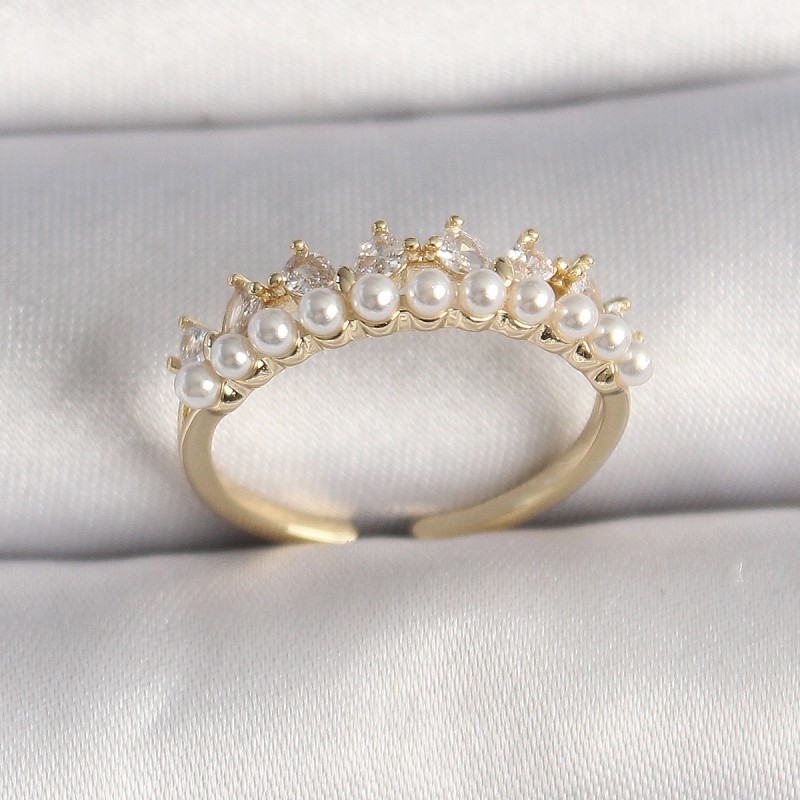 Pirinç Gold Renk Zirkon Taşlı İncili Taç Model Ayarlanabilir Kadın Yüzük