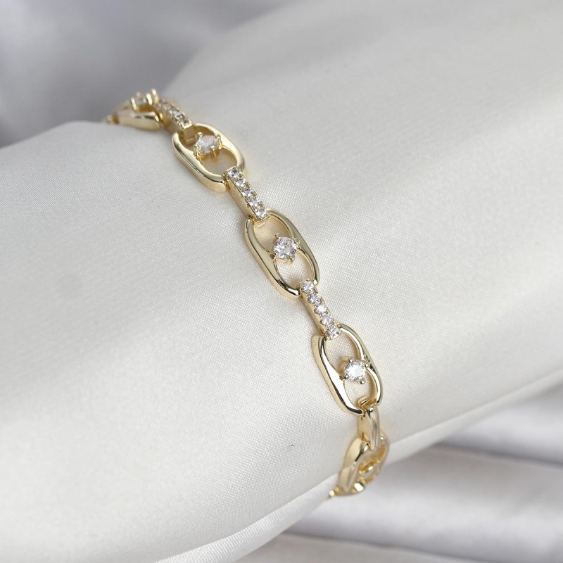 Pirinç Gold Renk Zirkon Taşlı Kadın Bileklik