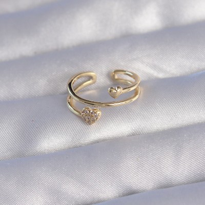 Pirinç Gold Renk Zirkon Taşlı Kalpli Model Ayarlanabilir Yüzük