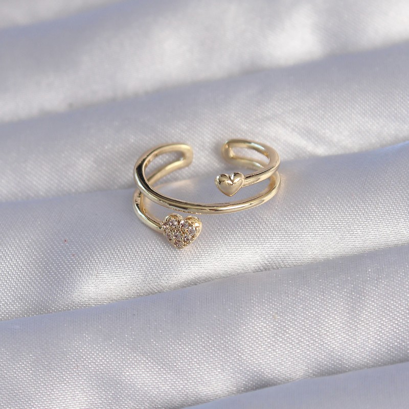 Pirinç Gold Renk Zirkon Taşlı Kalpli Model Ayarlanabilir Yüzük